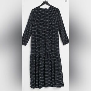 ASOS Design long sleeve tiered smock midi dress in black/nude dots